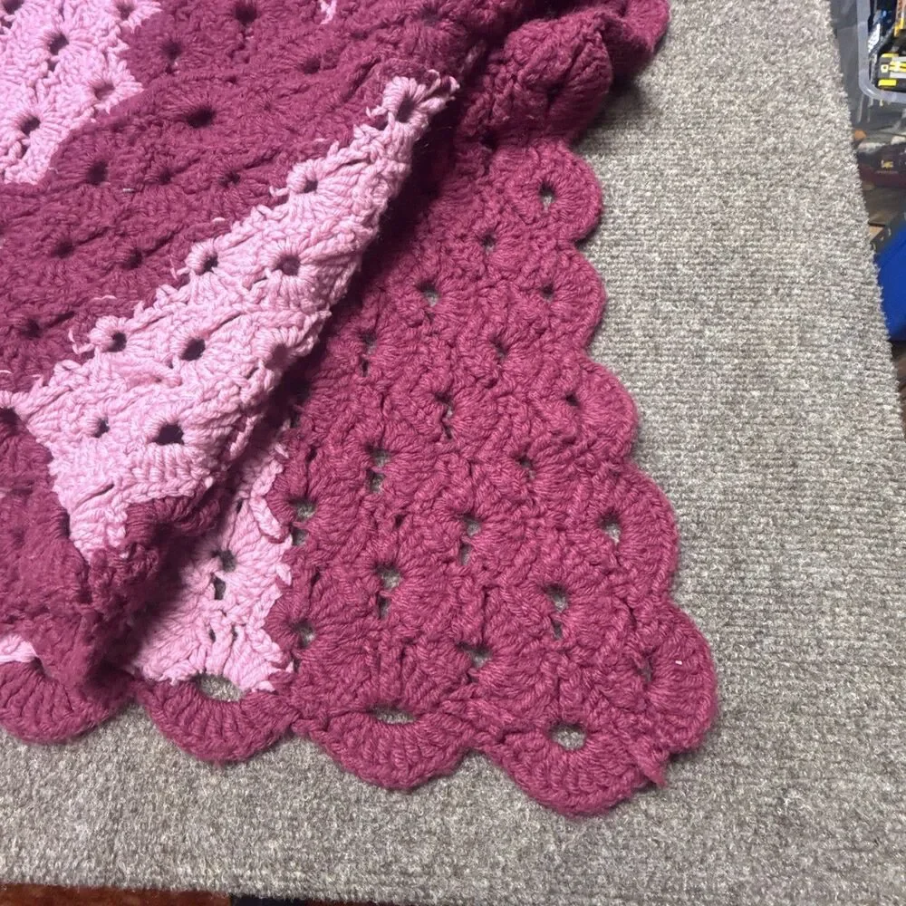 Vintage Crochet Afghan Blanket Pink Maroon Striped Shell Stitch Handmade 50x80